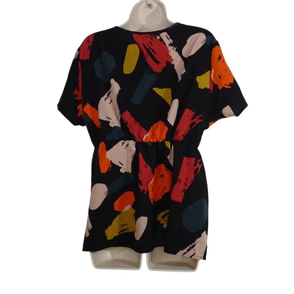 Shein Curve Women Size OXL 12 Black Abstract V-Neck Top Elastic Waist  Short Slv - Picture 2 of 10